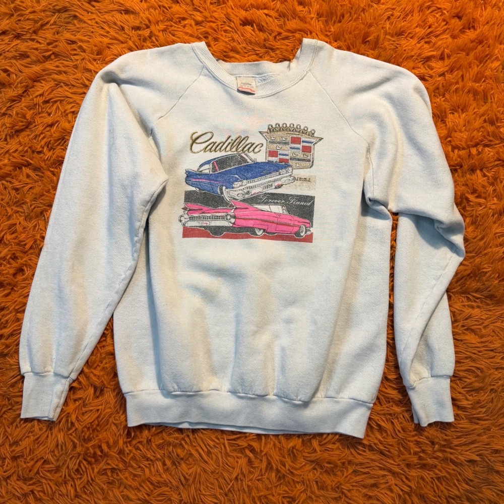 Vintage Cadillac Forever Finned Sweatshirt Fruit of the Loom Blue Made in USA XL